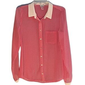 Downeast Pink and White Sheer Button Down Blouse, Size Medium